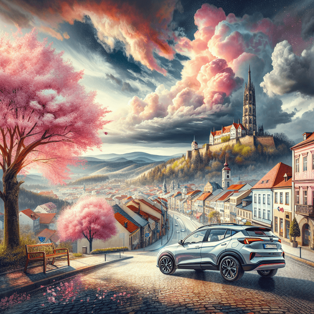 City car, JenTower, cherry blossoms, hills and cobblestone streets