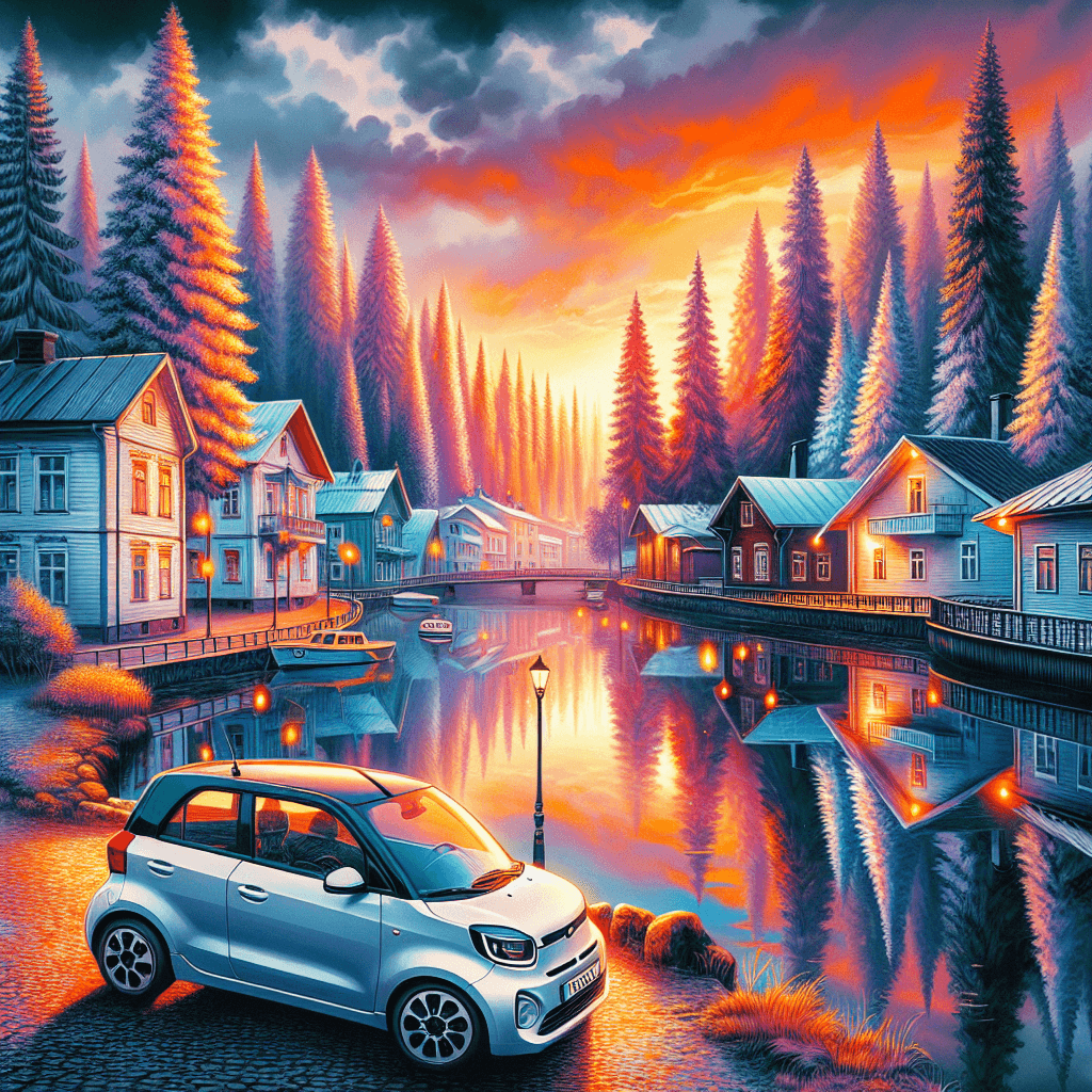 City car by Pielisjoki River, wooden houses, spruce trees at sunset