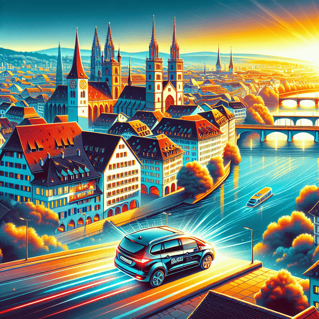 City car exploring vibrant Basel landmarks at sunset