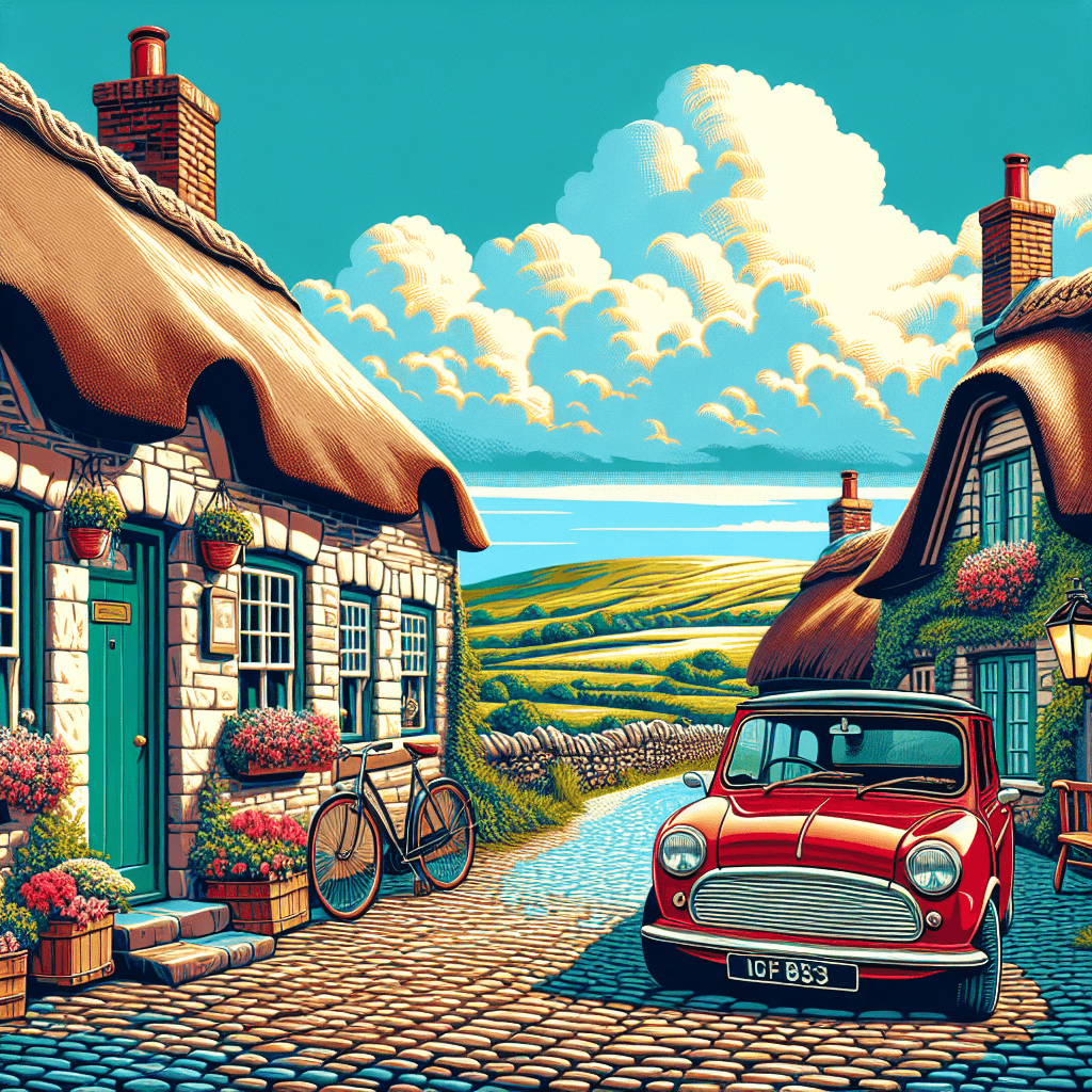 City car in a picturesque Lee lane, lined with thatched cottages and blooming flowers