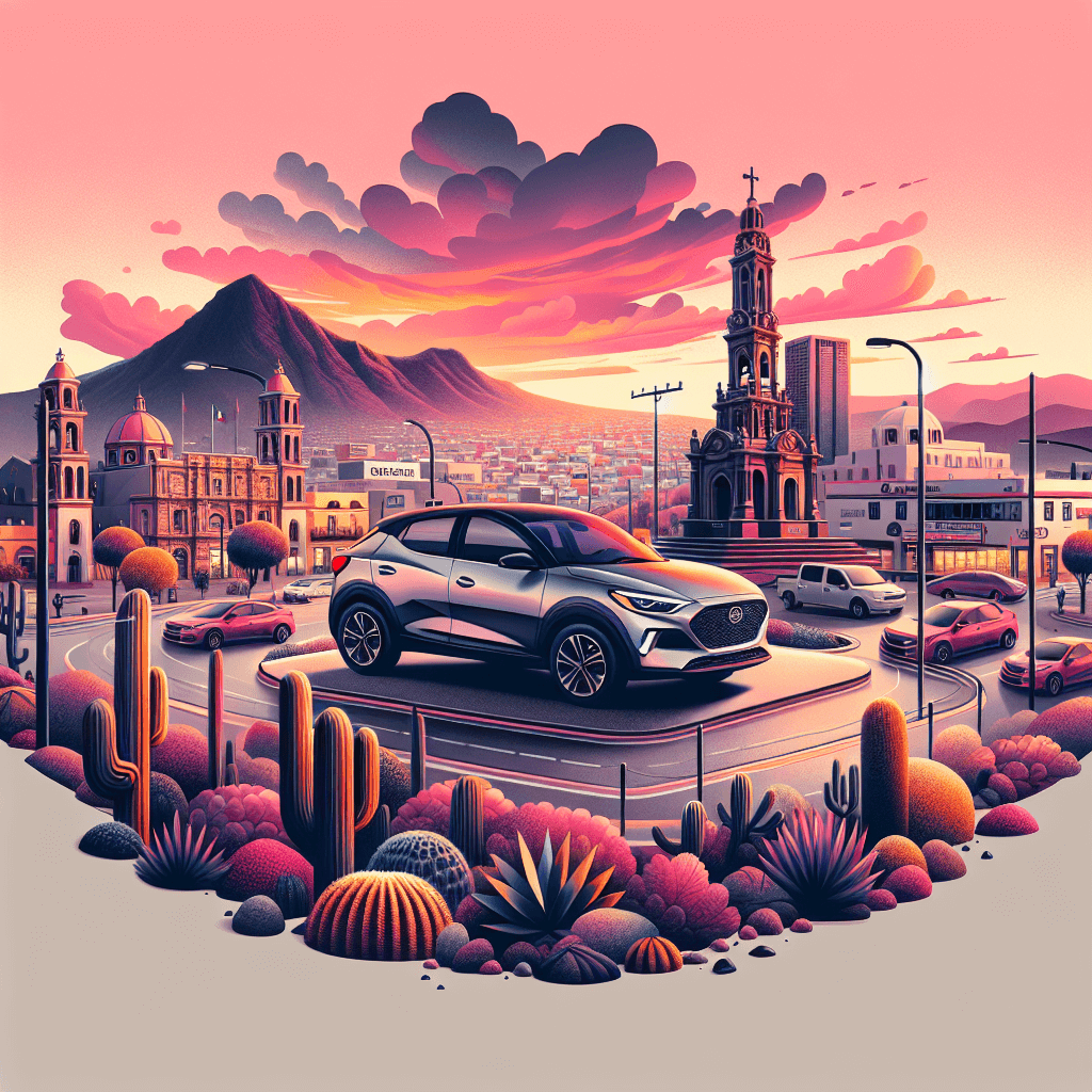 City car in Juarez at sunset featuring landmarks