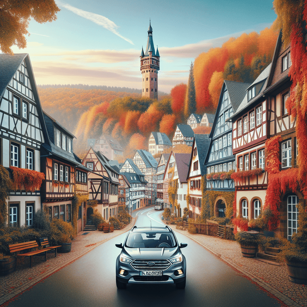 Urban car in colorful autumnal Kaiserslautern, half-timbered houses, Humberg Tower