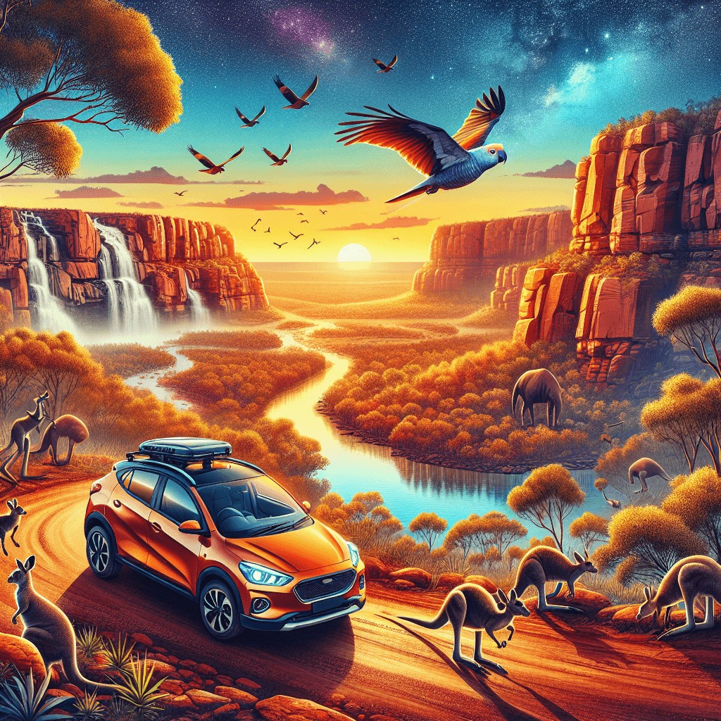 City car navigating through iconic Kakadu with kangaroos, cockatoos, waterfalls, cliffs and a brilliant sunset