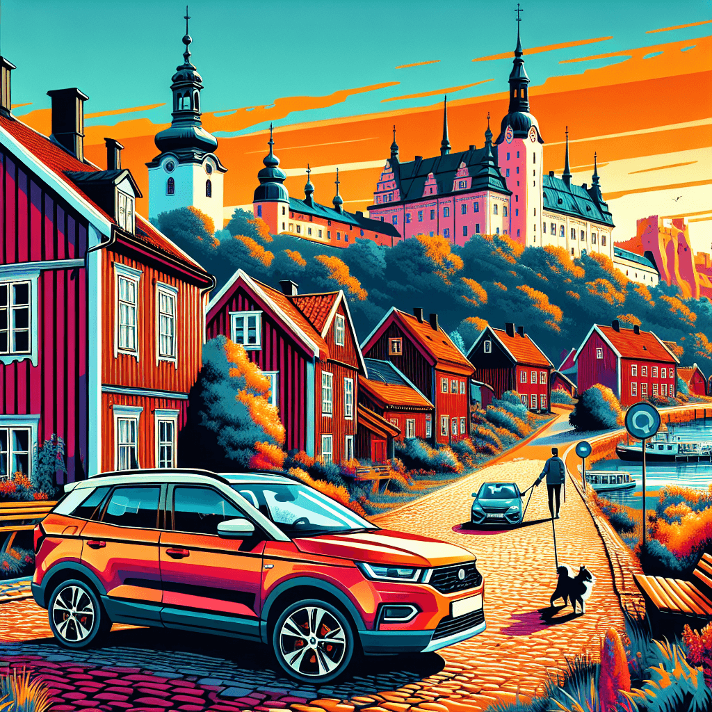 City car in lively Kalmar setting with castle and locals