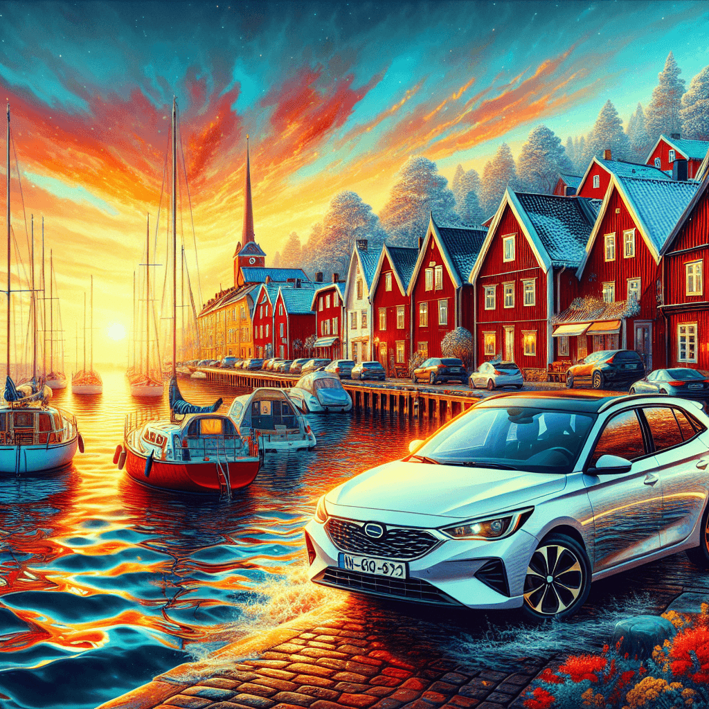 City Car in scenic Karlskrona with huts and sailboats