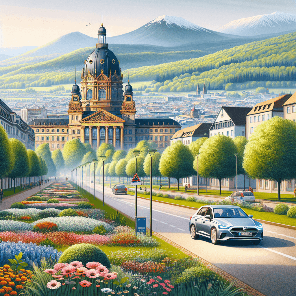 City car journeying near Karlsruhe Palace and spring flowers