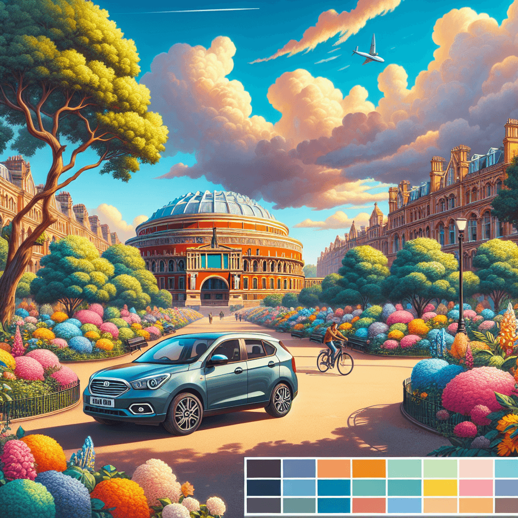 City car in South Kensington gardens with Victorian backdrop