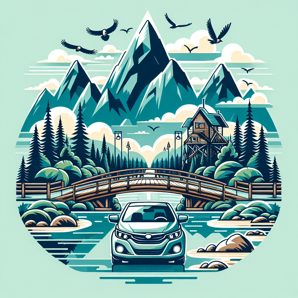 Car in Kitimat landscape with mountains, bridge and birds