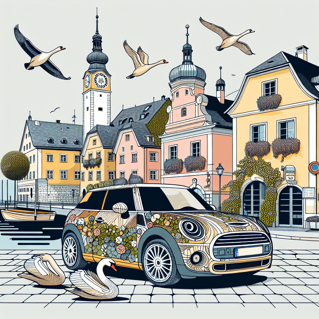 Coche en Klagenfurt, cisnes, yates, torre de reloj