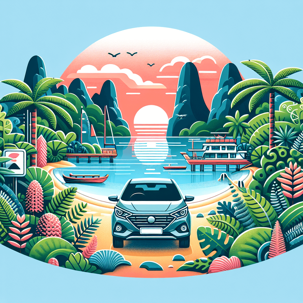 City car amidst lush greenery, exotic trees, beach