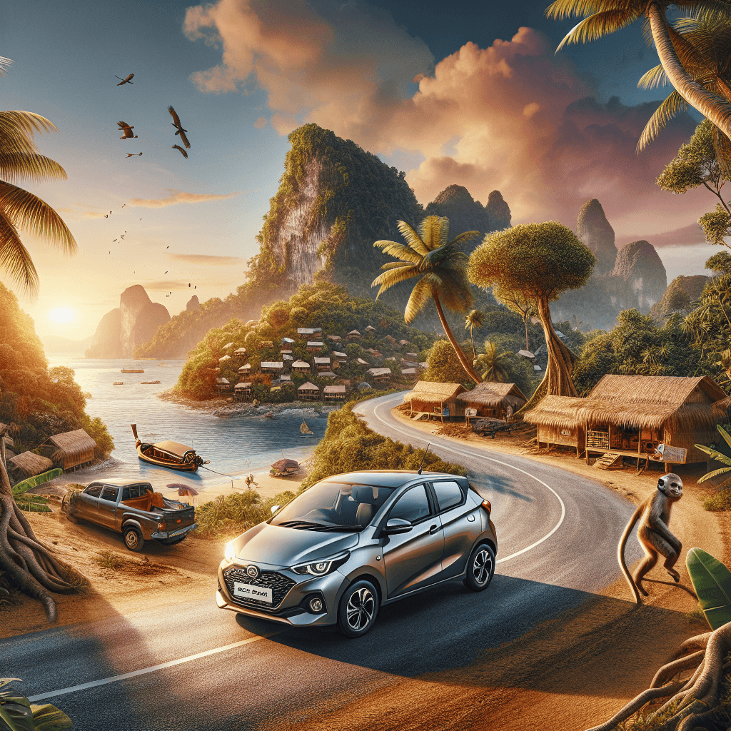 City car amidst tropical setting with sandy road, palm trees, Thai huts, monkeys, birds and turquoise sea