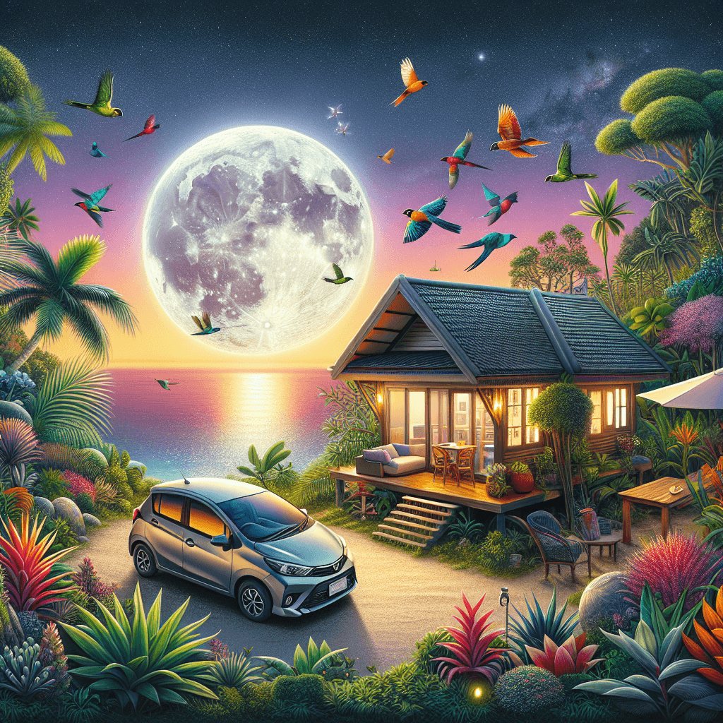 City car, bungalow, tropical foliage, birds and sunset over ocean