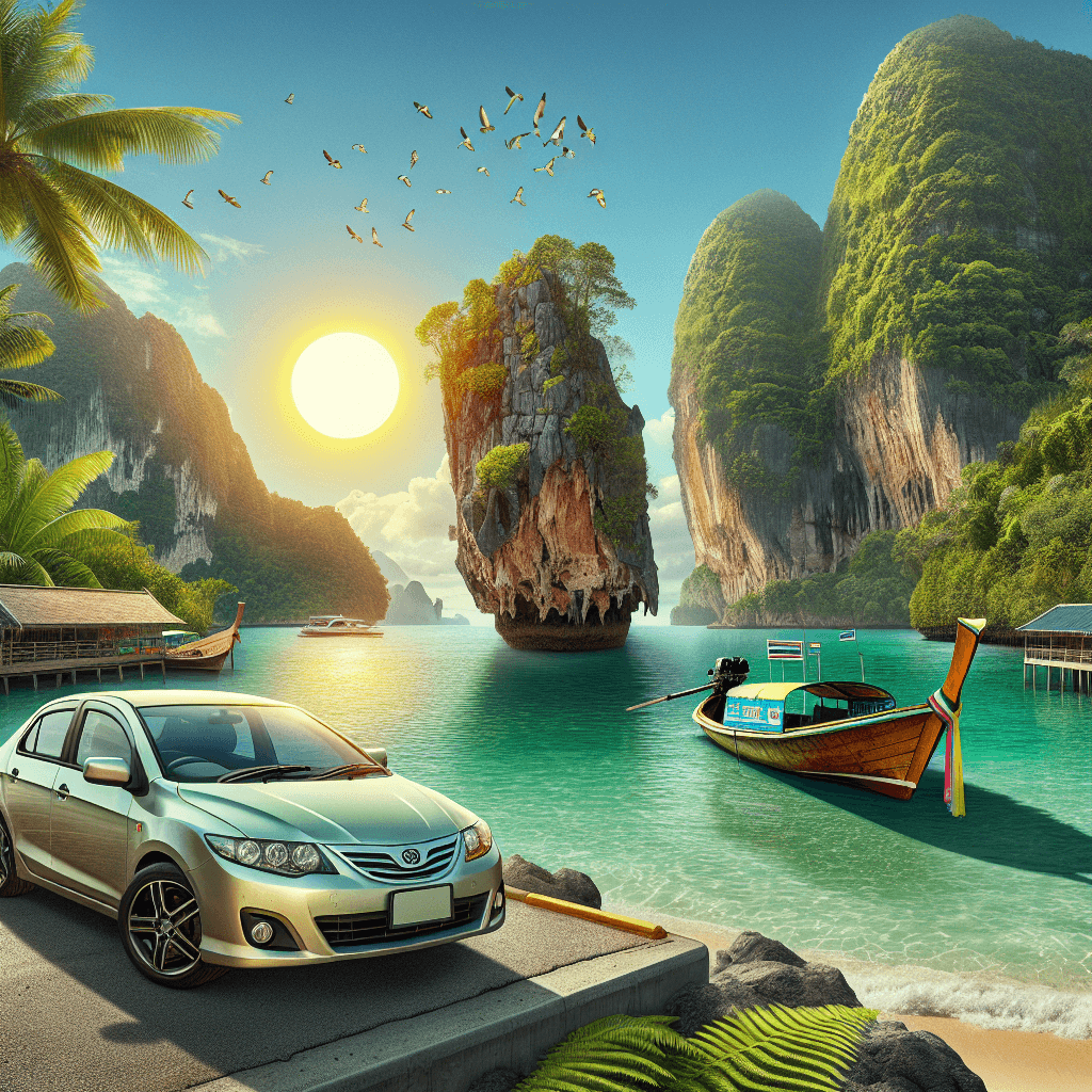 City car, limestone cliff, longtail boat, and sunset in Krabi
