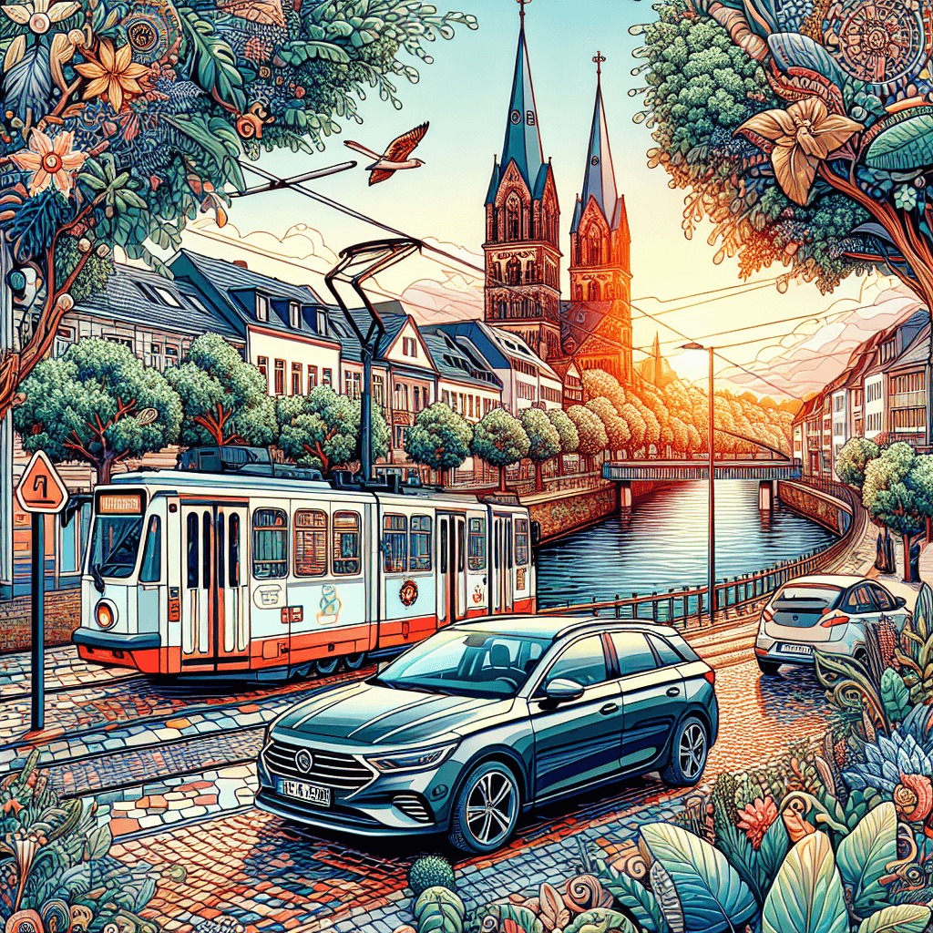 City car, Dionysiuskirche, brick-lined streets, tramway, Rhine river, botanical garden.