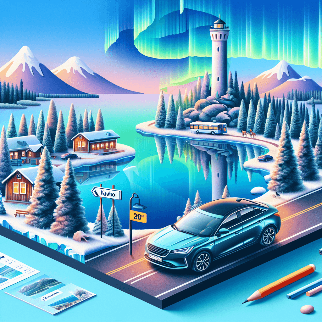 City car in Kuopio, with Puijo Tower, Northern Lights, Lakeside