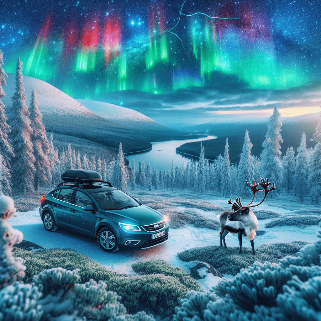 City car under Northern Lights with Reindeer in Finnish terrain