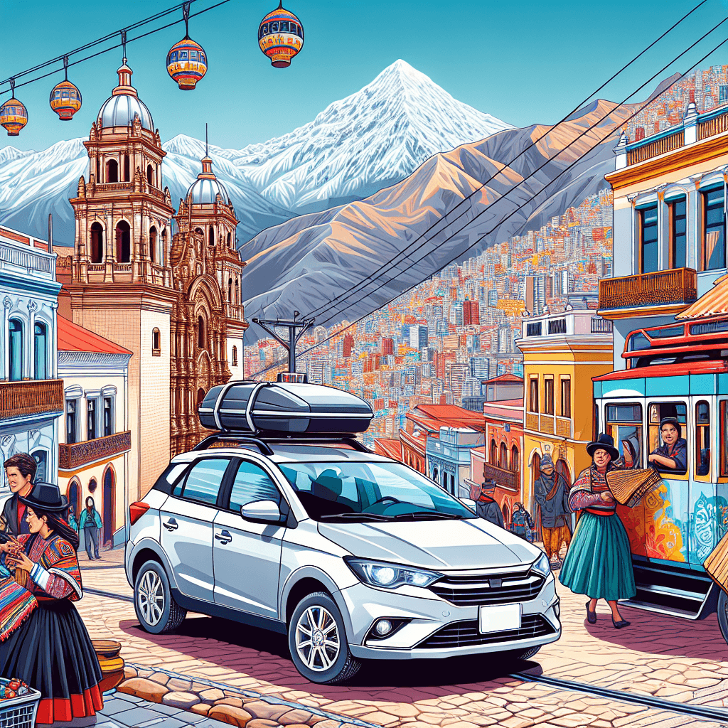 City car cruising La Paz with Illimani mountain and lively locals