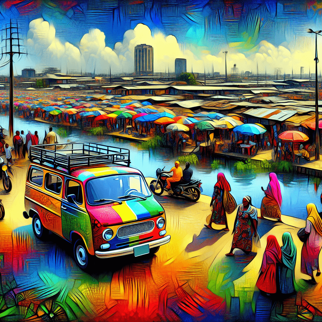 City car, markets, colorful attire, Lagos lagoon