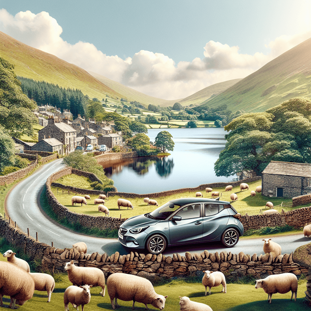 City car on serpentine road, Lake District scenery, stone walls, sheep grazing