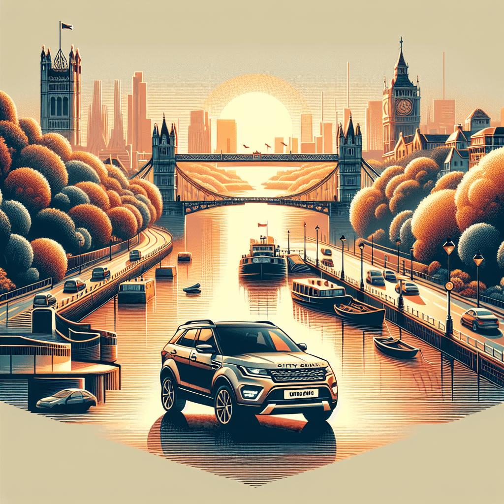 City car by Lambeth Bridge, Thames, urban buildings, trees.