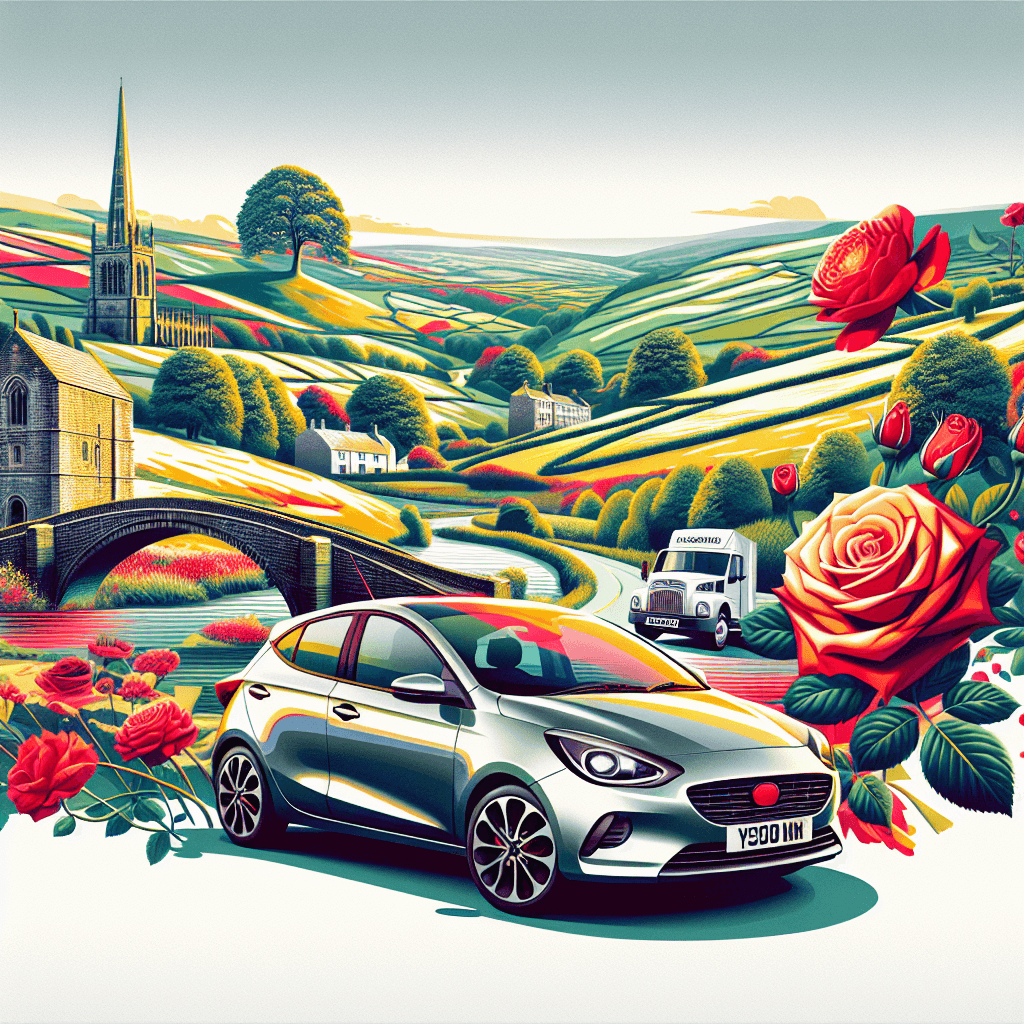City car, stone bridge and red roses in Lancashire scenery