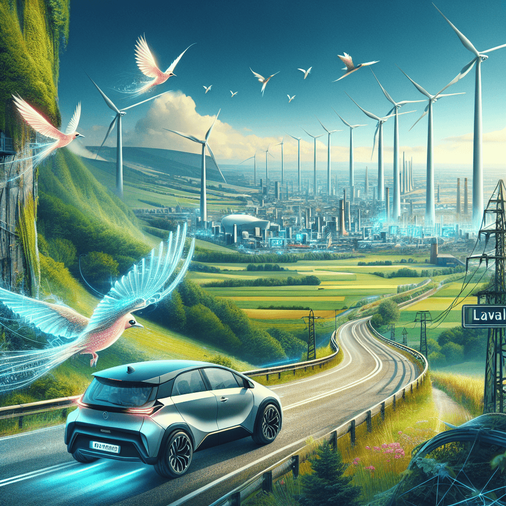 City car amidst Laval's wind turbines and techno-birds
