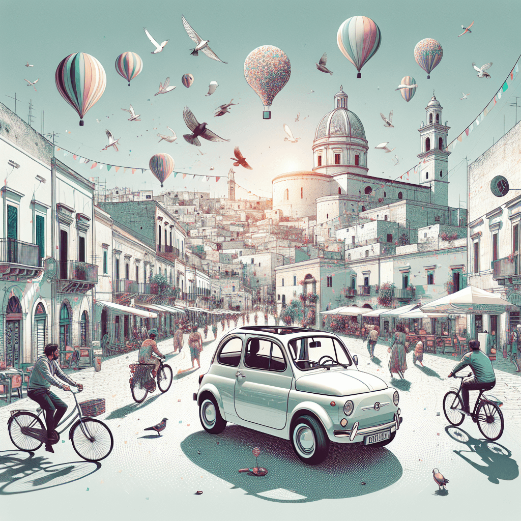 City car in joyful Lecce cityscape with balloons, birds and musicians