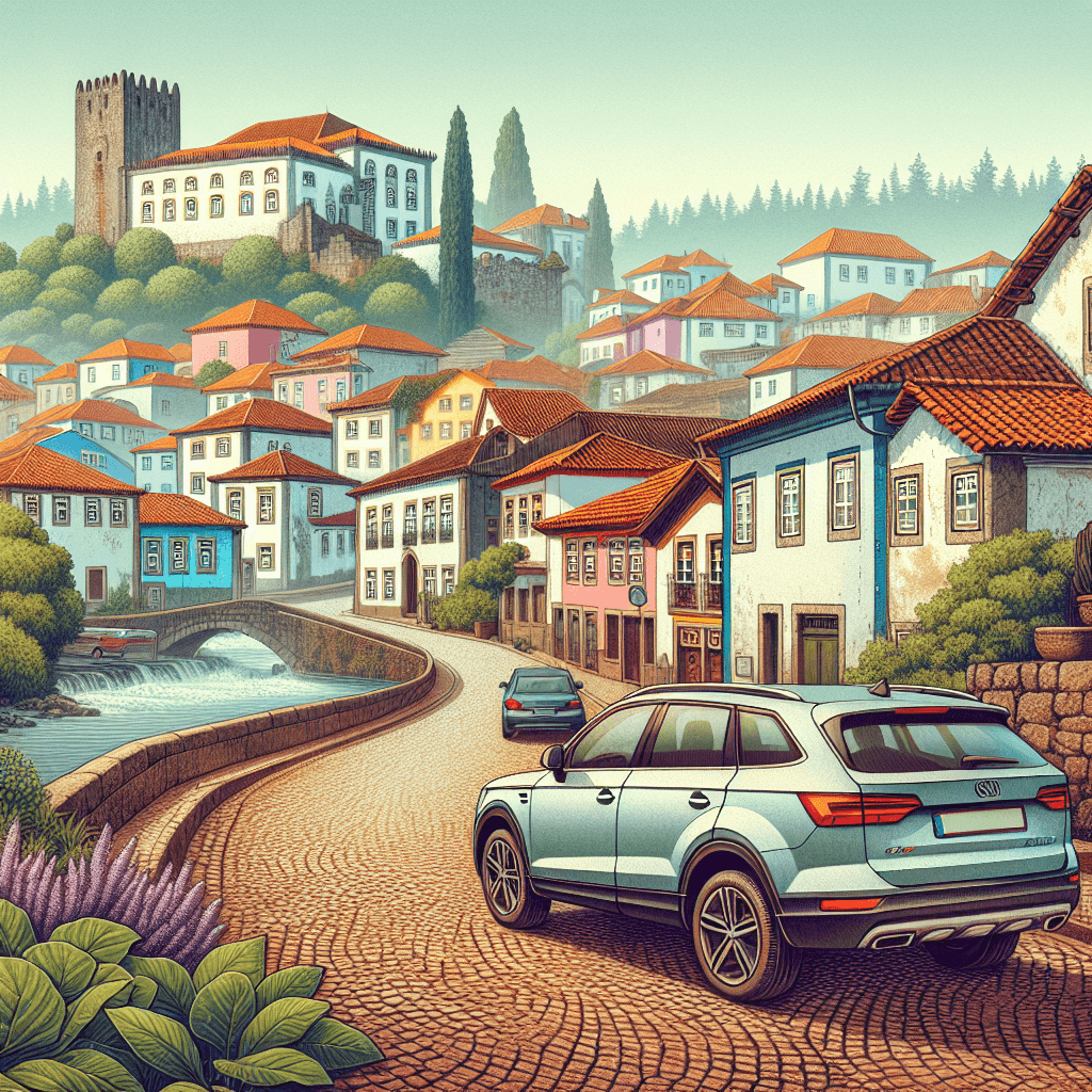 City car on cobblestone road in vibrant Leiria landscape