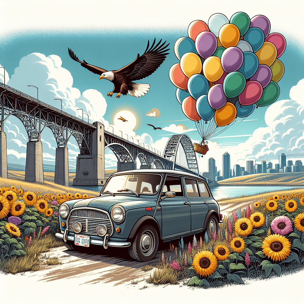 City car in sunflower filled Lethbridge landscape with balloons