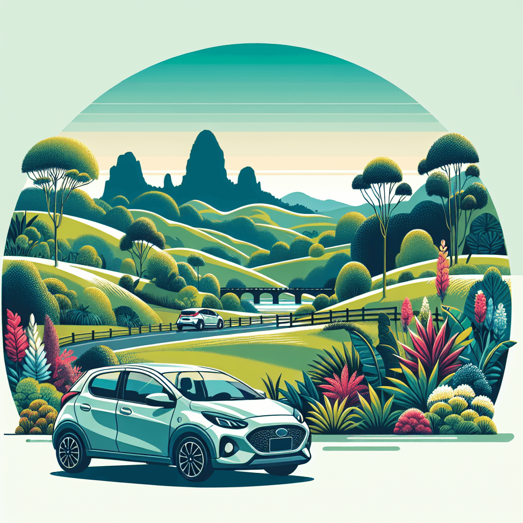 City car in Lismore landscape, green hills, and fauna