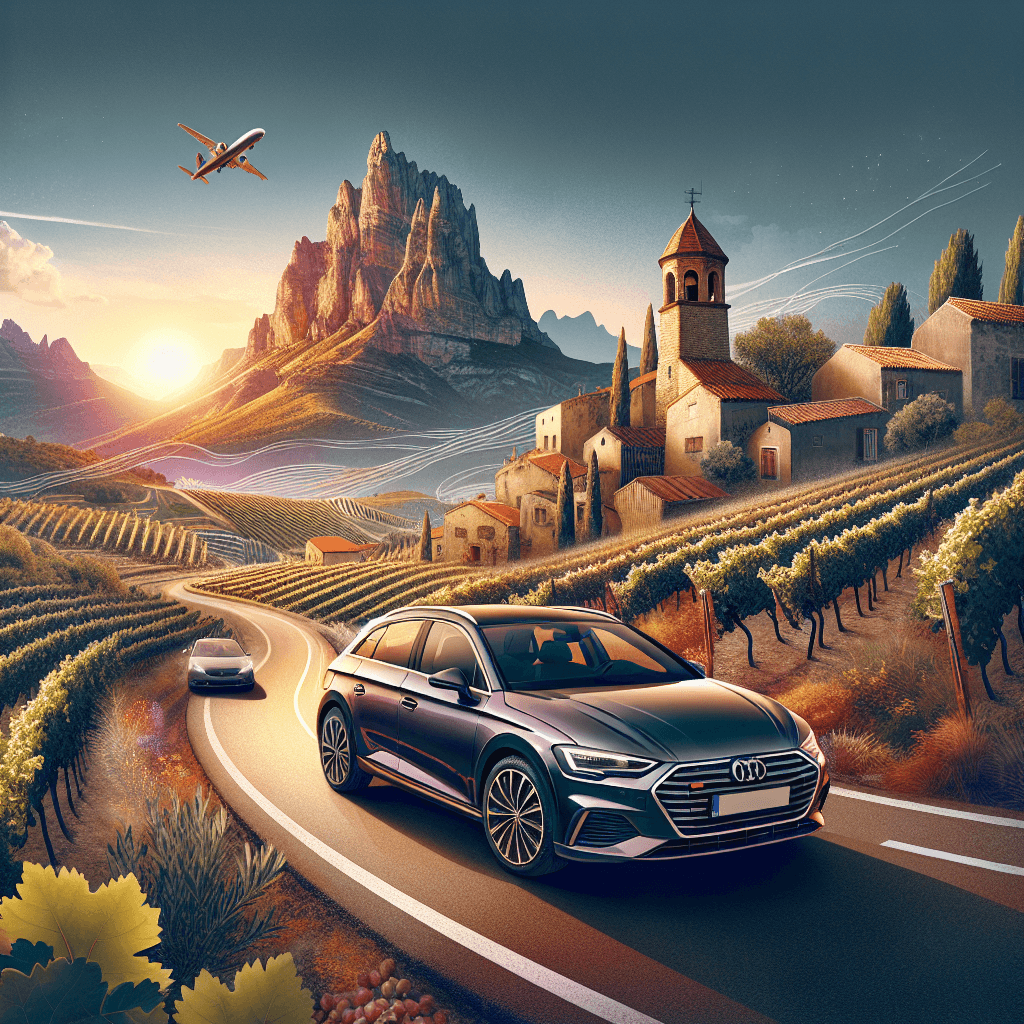 City car on winding road, vineyards, olive trees, medieval buildings, setting sun over Pyrenees
