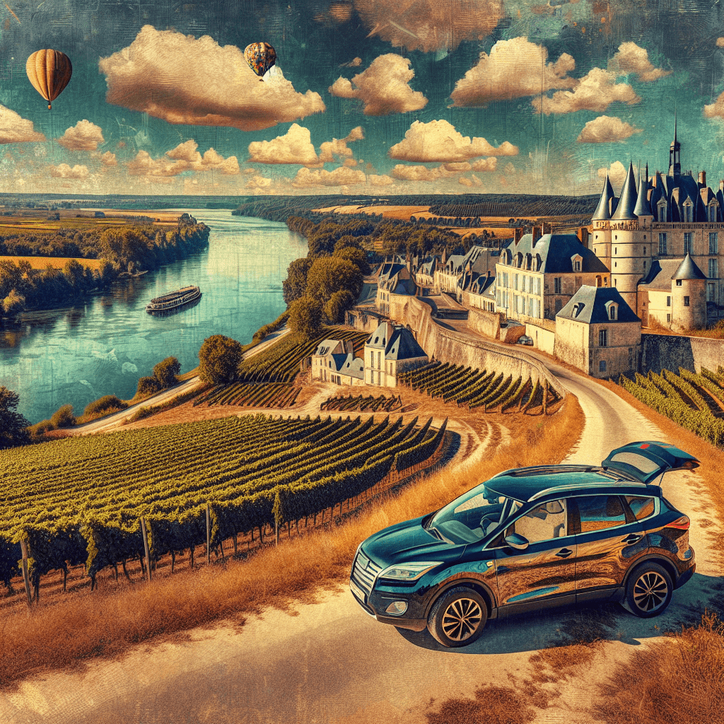 City car cruising in Loire Valley with trailing balloons