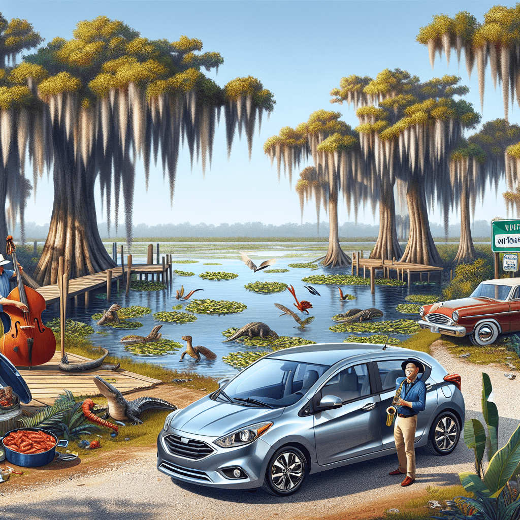 City car amidst Louisiana landscape, with alligators, jazz musician, and crawfish boil
