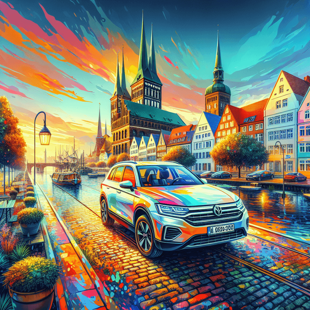 Urban car, Lübeck landmarks, cobblestone road, sunset sky