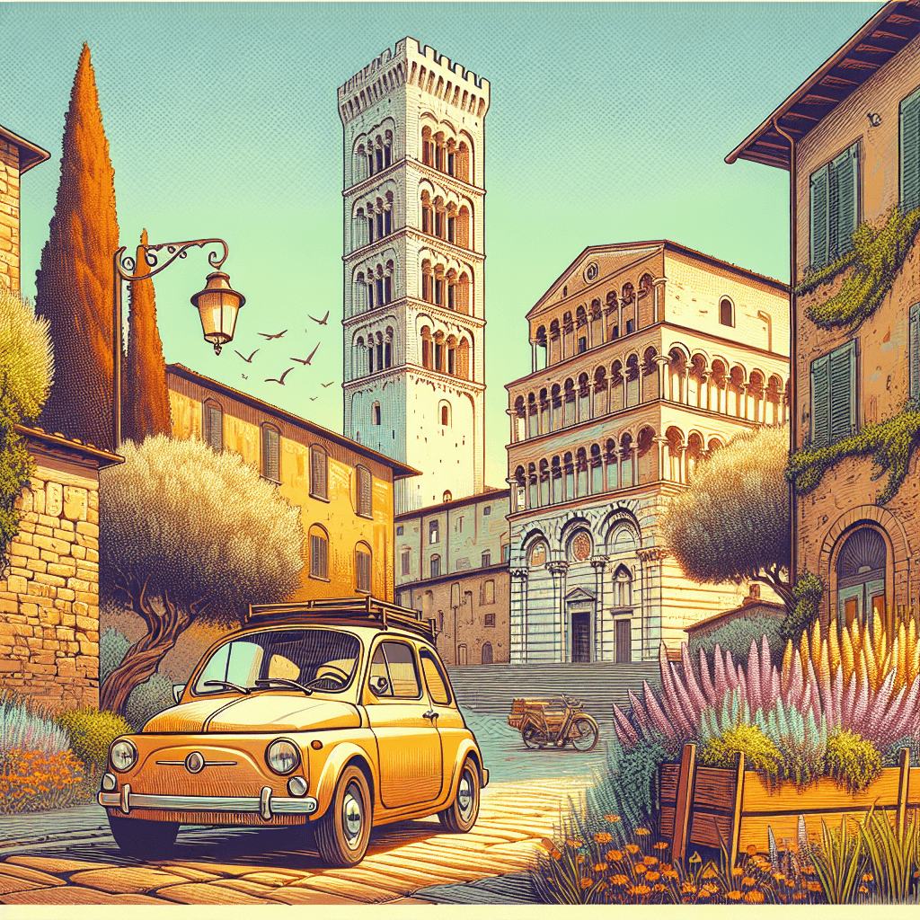 City car near Lucca's walls, cobbled streets, tower, olive trees and wildflowers