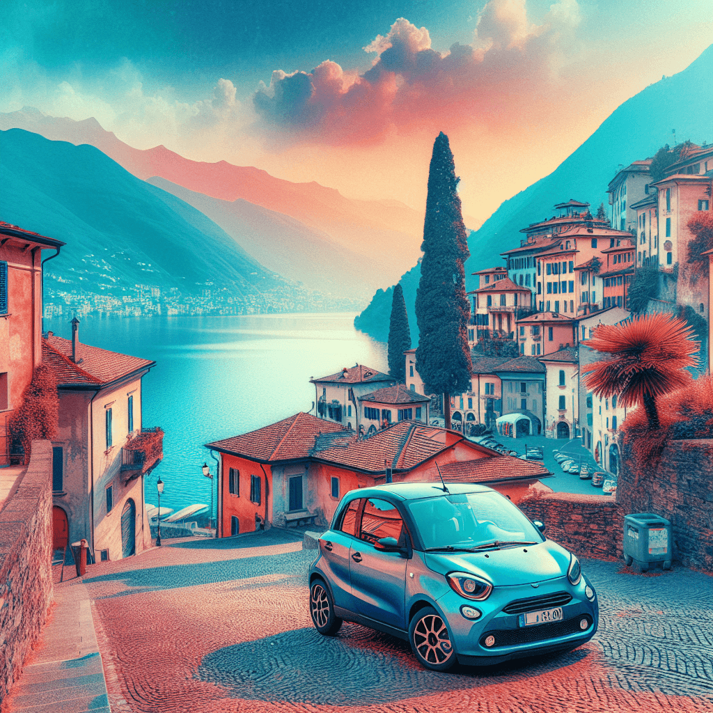 City car parked in Lugano with lake and alpine peaks