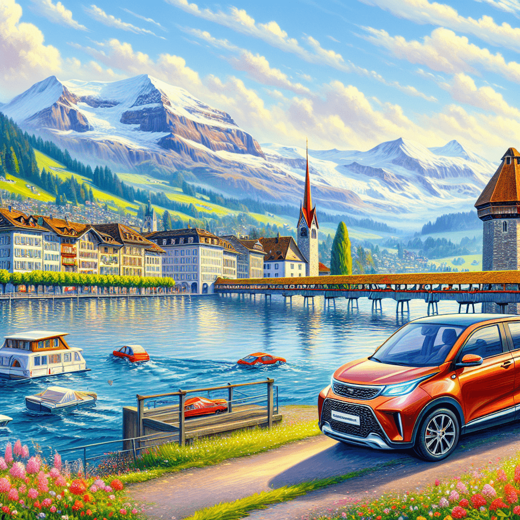 City car in Luzern scenery with bridge, alps, lake and meadows
