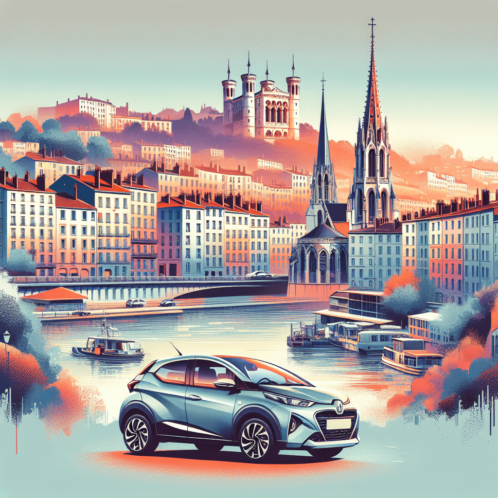 City car amidst Lyon's landmarks at sunrise