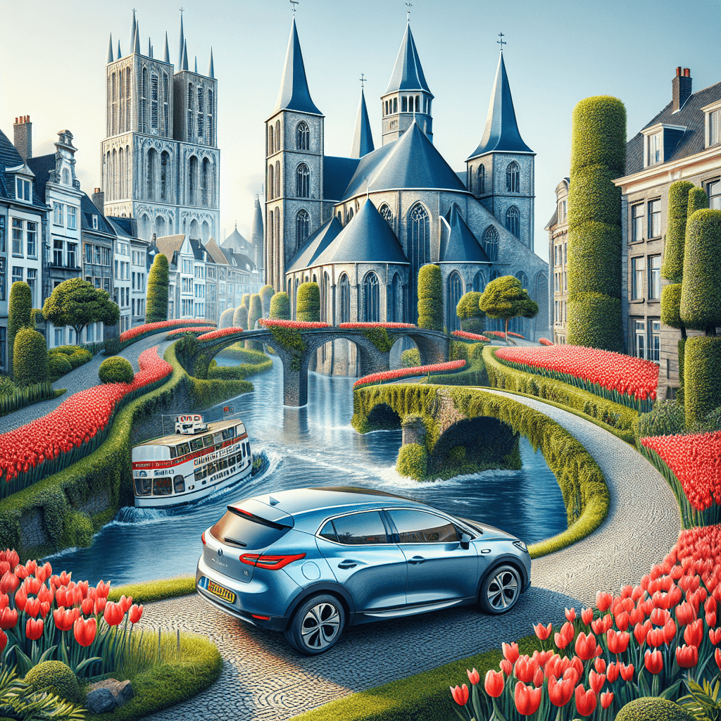 Coche de ciudad en paisaje de Maastricht con tulipanes