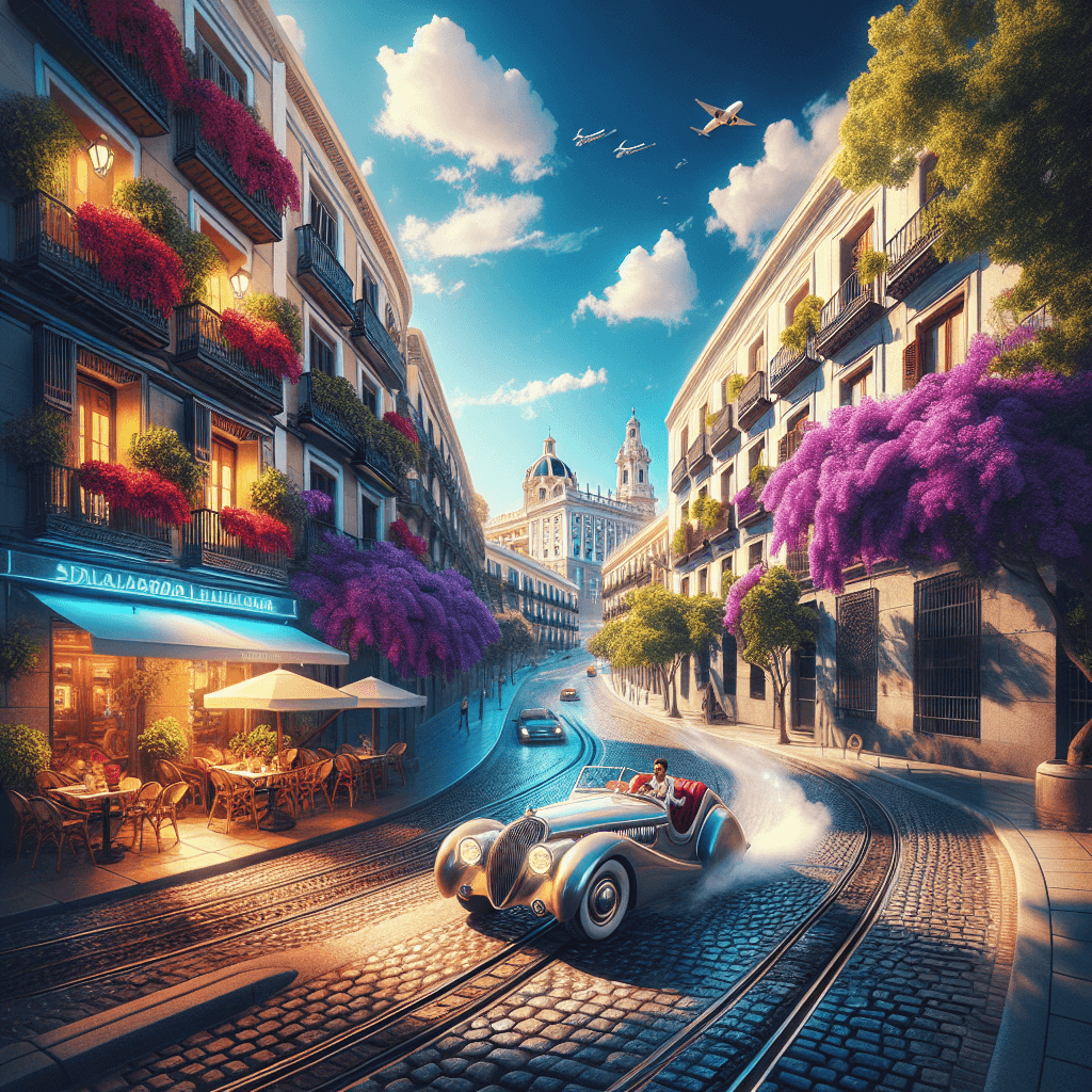 City car zooming through bustling Madrid with vibrant elements