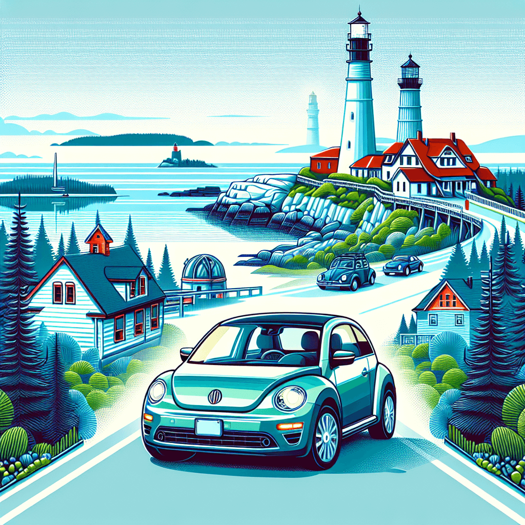 Urban car amid Maine's lighthouses, forest, coastline