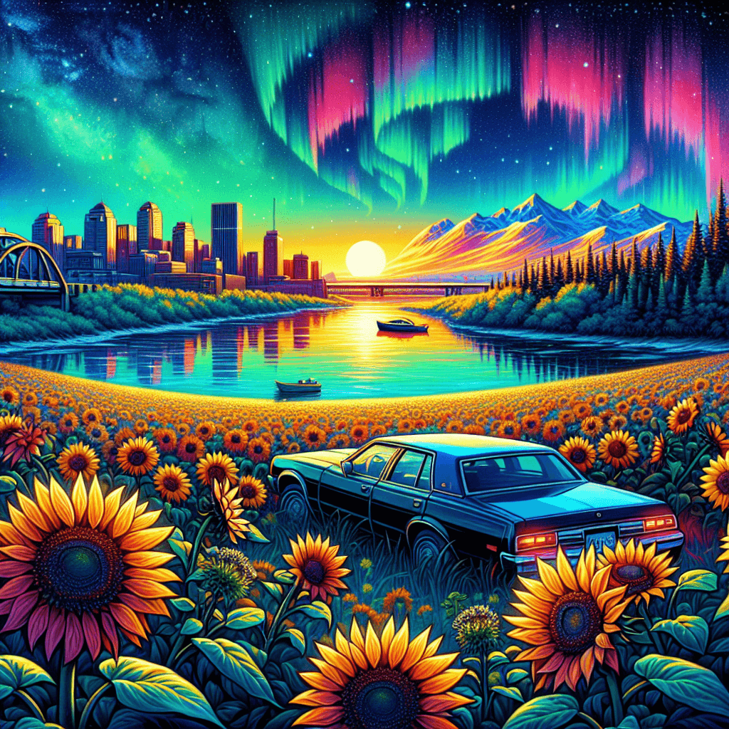 City car amidst sunflowers, under Manitoba's starry Northern Lights