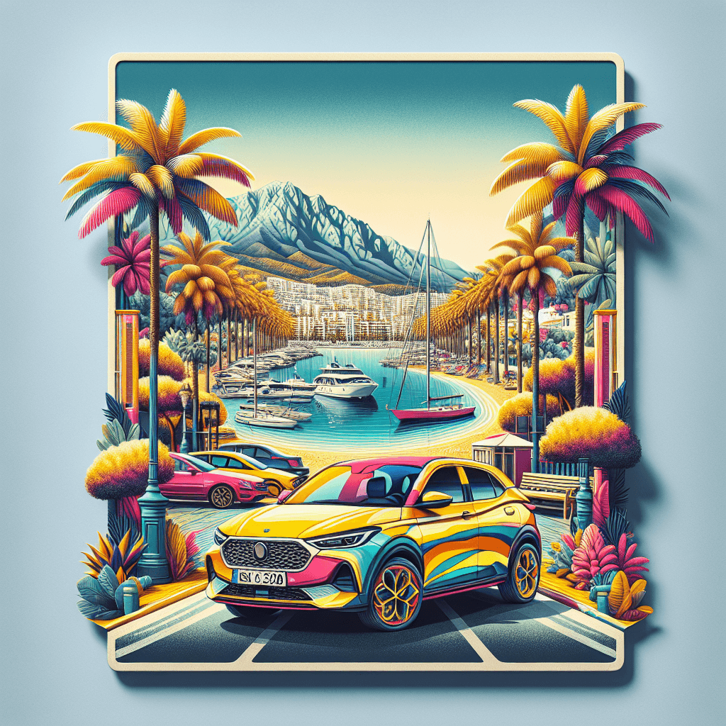 City car in vibrant Marbella setting with palms, yachts and mountains