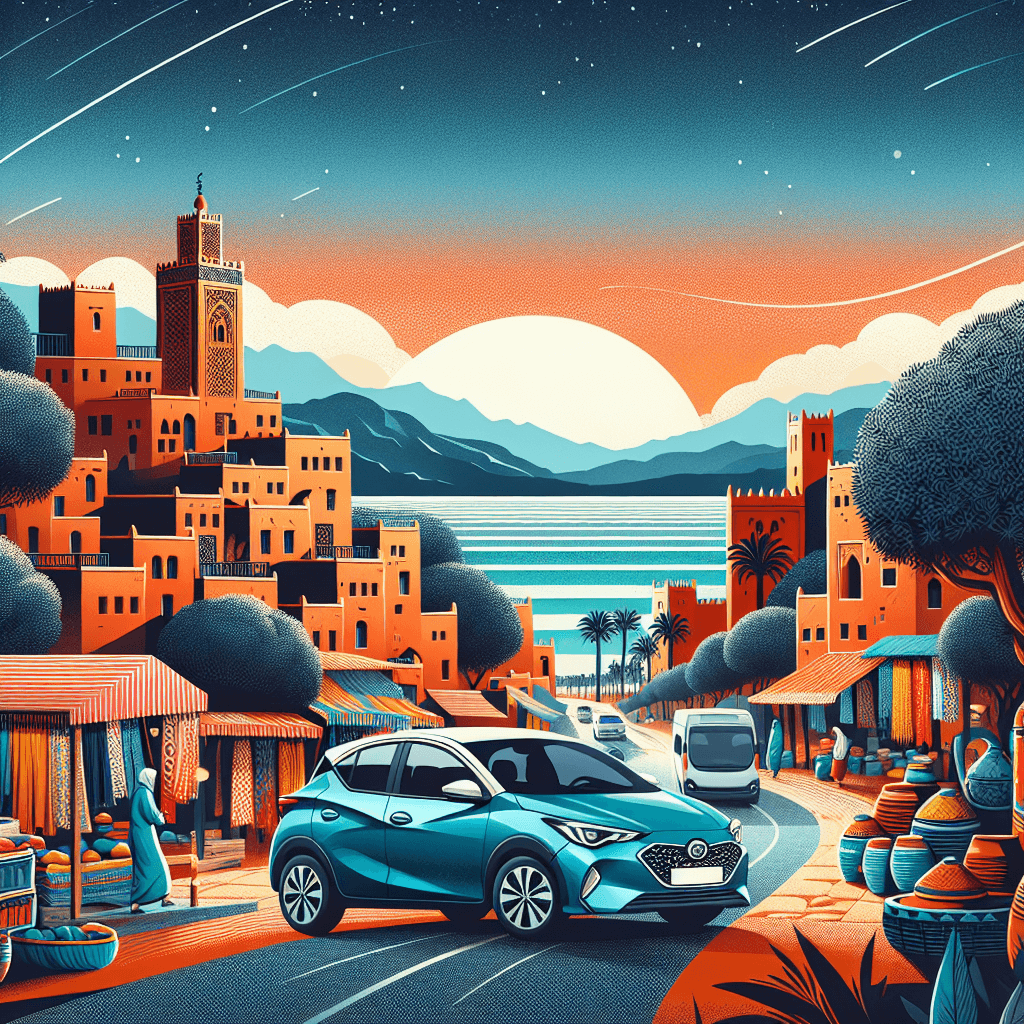 Eco-coche en vibrante paisaje marroquí con kasbahs, souk, argán y océano