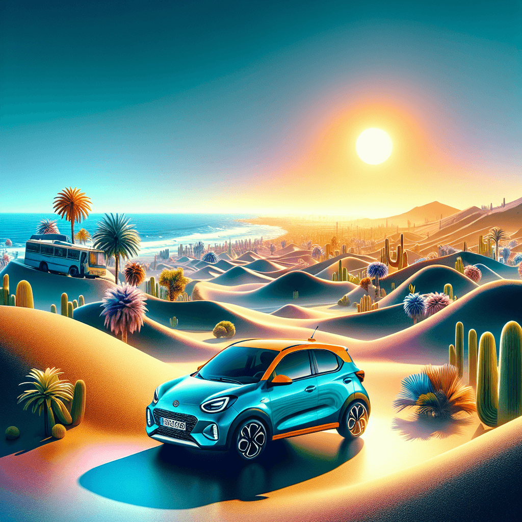 City car in Maspalomas with sand dunes, ocean and palms