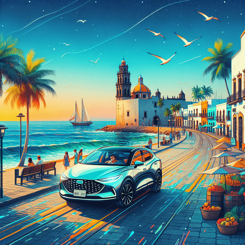 City car amidst typical Mazatlan features, lively sunset and vendors.