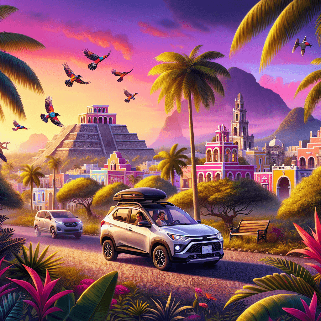 City car amid Mayan structures, tropical birds, colonial mansions