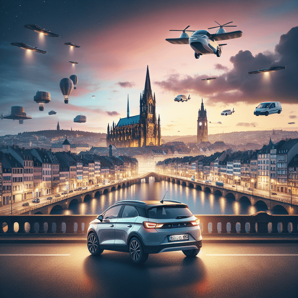 City car on Metz landscape with bridges, cathedral and flying machines