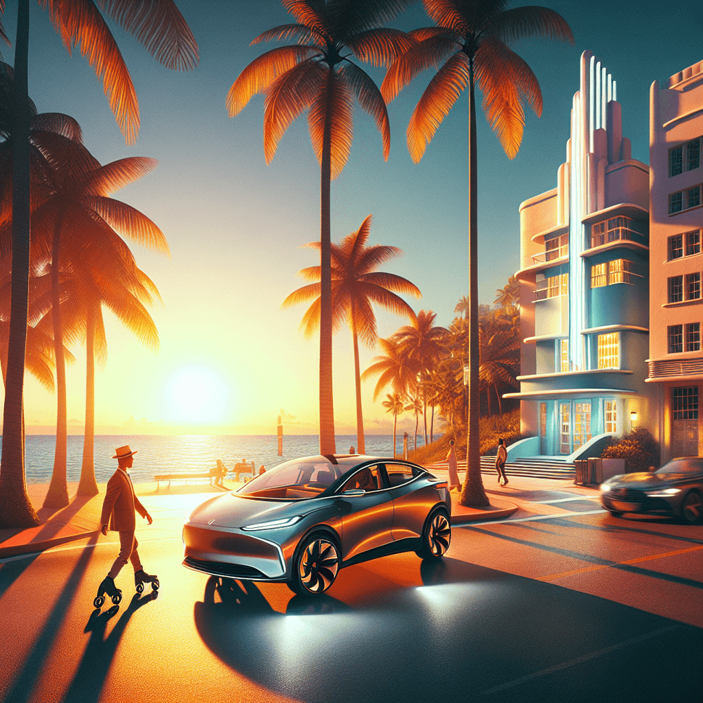 City car in sunset Miami setting with skater and palms