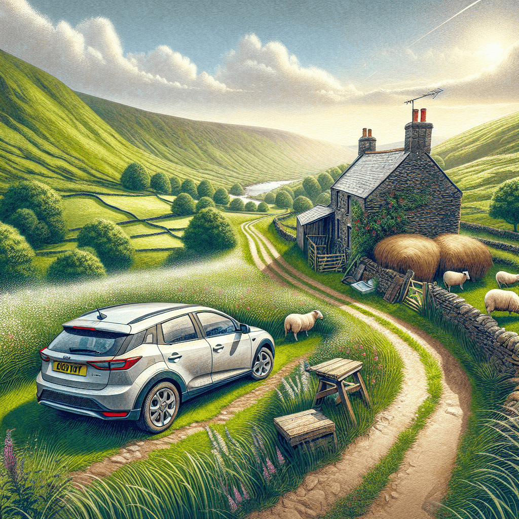 City car in sunny Mid Wales landscape, sheep and wildflowers present